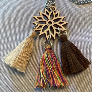 Pendant Tassles Earth Tones On Laser Cut Wood Filigree Piece Natural Colors Stainless Steel Chain Lightweight