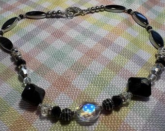 Necklace Exotic Vintage Beads Glass Black Clear Onyx Bling Special Clasp One of a Kind
