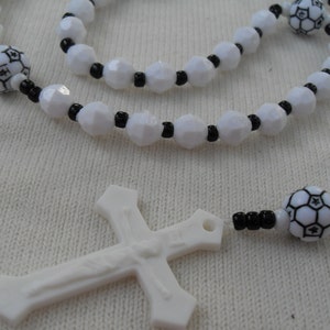 Catholic Rosary Soccer White Plastic Beads Black glass spacers Soccer Pater Beads White Middle Medal and Crucifix Necklace Girls
