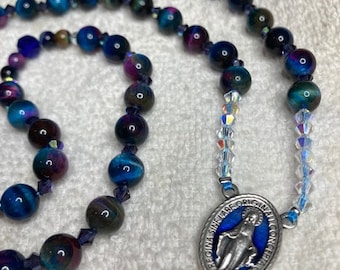 SALE Catholic Rosary Natural Galaxy Tiger Eye Fantastic Beads New Discovery Medal Silver Blue Enamel Italian Silver Crucifix