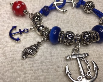 FREE SHIPPING Navy Charm Bracelet on Paracord with Pandora Style Beads