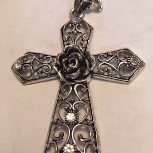 SALE Cross Silver Filigree with Five Crystals  and Rose in Center Large Special Clasp on Long Chain