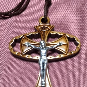 Cross Olive Wood Italian Intricately Carved Silver Corpus Come with Card of Explanation on Brown Cord