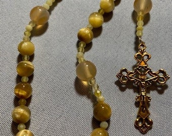 Catholic Rosary Golden Tiger Eye Brass Center Medal and Crucifix Glass Crystal Spacers