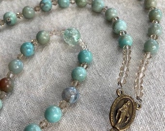 Catholic Rosary Terra Agate Robins Egg Aqua Blue  Beads Crackle Glass Pater Beads Bronze Medal and Crucifix