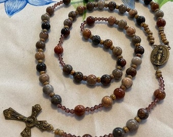Catholic Rosary Chrysanthemum Fossil Coral Beads Browns Bronze Middle Medal and Crucifix