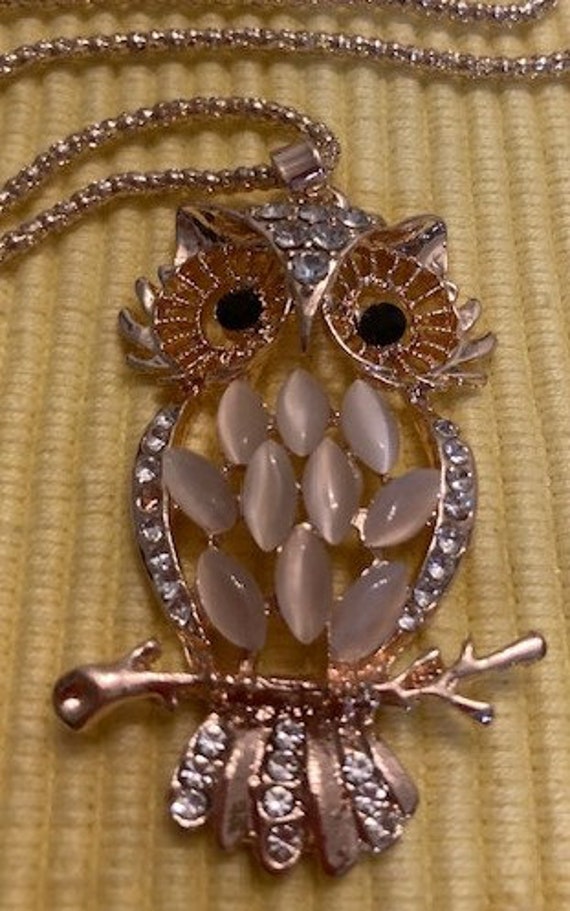 Owl Necklace Large Detailed Pendant Gold with Crys