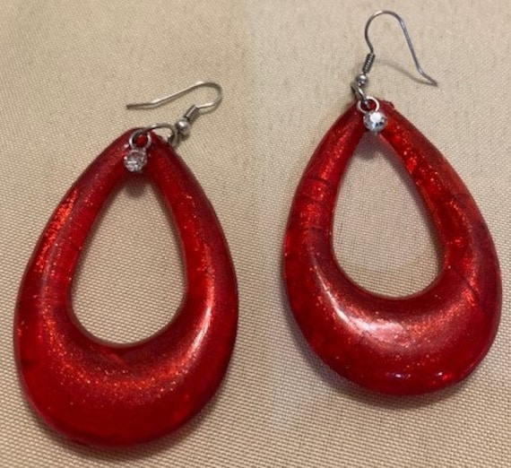 Earrings Red Vintage Teardrop Shape Large Acrylic… - image 1