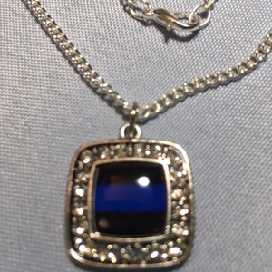 FREE SHIPPING Thin Blue Line Pendant Square with Bling on Stainless Steel Chain