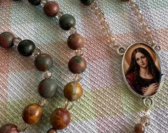 Catholic Rosary African Green Opal Beads Mary Magdalen Color Medal Italian Silver Benedictine Crucifix