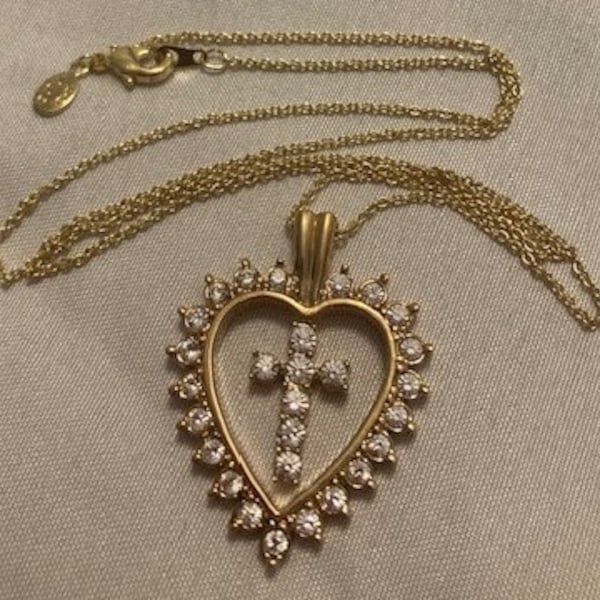 Necklace Heart With Cross Center Gold with CZs Dainty Gold 14K Chain Lindenwold Brand IOB Vintage Never Worn