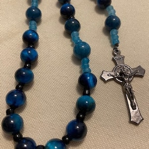 Catholic Rosary Tiger Eye Blue Green New Color Gunmetal Medal and Crucifix from Italy Beautiful