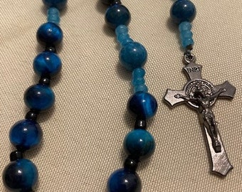 Catholic Rosary Tiger Eye Blue Green New Color Gunmetal Medal and Crucifix from Italy Beautiful