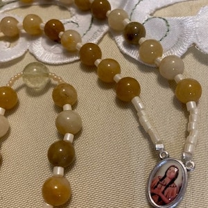 Catholic Rosary Yellow Jade Natural Beads Full Color Middle Medal St Kateri Tikakwitha Italian Silver Crucifix