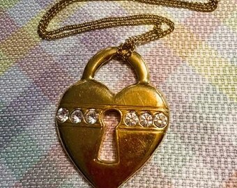 Necklace Heart Lock Gold Metal Large Faceted Set Stones Double Sided Vintage on Vintage Chain Heavy