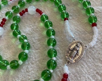 Catholic Rosary Mexican Flag Colors Crystal and Moonstone Beads Silver Our Lady of Guadalupe Medal and Crucifix