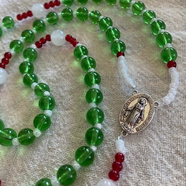 Catholic Rosary Mexican Flag Colors Crystal and Moonstone Beads Silver Our Lady of Guadalupe Medal and Crucifix