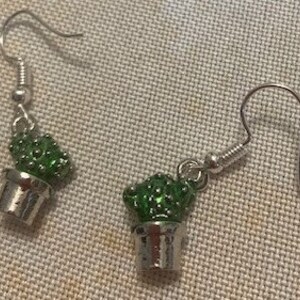 Earrings Green Cactus Potted in Silver Pot Dainty Lightweight Cute