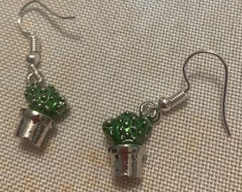 Earrings Green Cactus Potted in Silver Pot Dainty Lightweight Cute