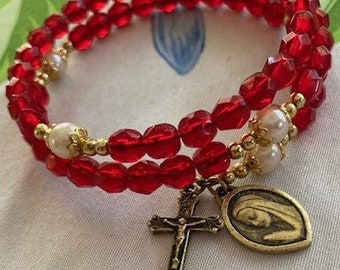 Catholic Rosary Bracelet Red  Crystal Beads Full Rosary Pewter Medal and Crucifix Gold Color Fits All Sizes