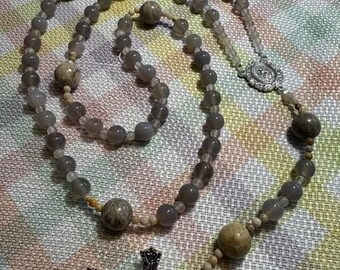 Catholic Rosary Petoskey Stone Pater Beads NEW Style Gray Moonstone Beads Silver Medal and Crucifix