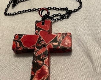 Cross Black Red Art Piece Souvenir from Costa Rica Large on Black Aluminum Chain