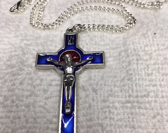 Cross Necklace Doublesided Blue and Red Enamel Crucifix Silver on Stainless Chain
