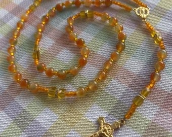 Catholic Rosary Orange Green Glass Beads Cube Pater Section with Swarovski Accent Gold  Colored Medal and Crucifix