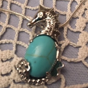Seahorse with Turquoise Stone Large Silver on Stainless Steel Chain