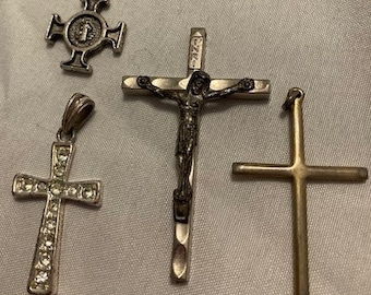 Lot 4 Crosses Vintage Different Sizes 3 Silver 1 Gold Vintage