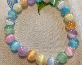Bracelet Rainbow Selenite or Cats Eye Beads Pastel Colors Stretch