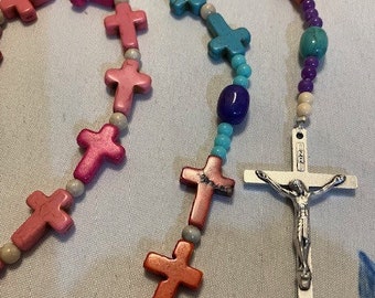 Catholic Rosary Cross Beads Different Colors Howlite Beads  Full Color Lady of Guadalupe Medal Italian Silver Crucifix Long