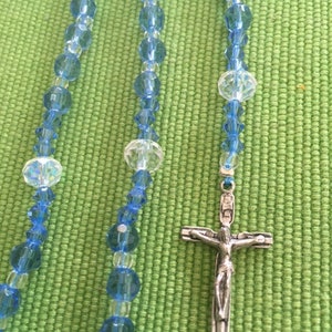 Catholic Rosary Blue Crystal Small Size Italian Silver Medal Crucifix