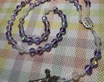 Catholic Rosary Purple Mystic Aura Crystal Beads Double Sided St. Bernadette Lourdes Medal Italian Silver Crucifix