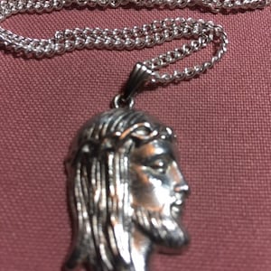 Jesus Profile Crown of Thorns Pendant Silver on Stainless Steel Chain