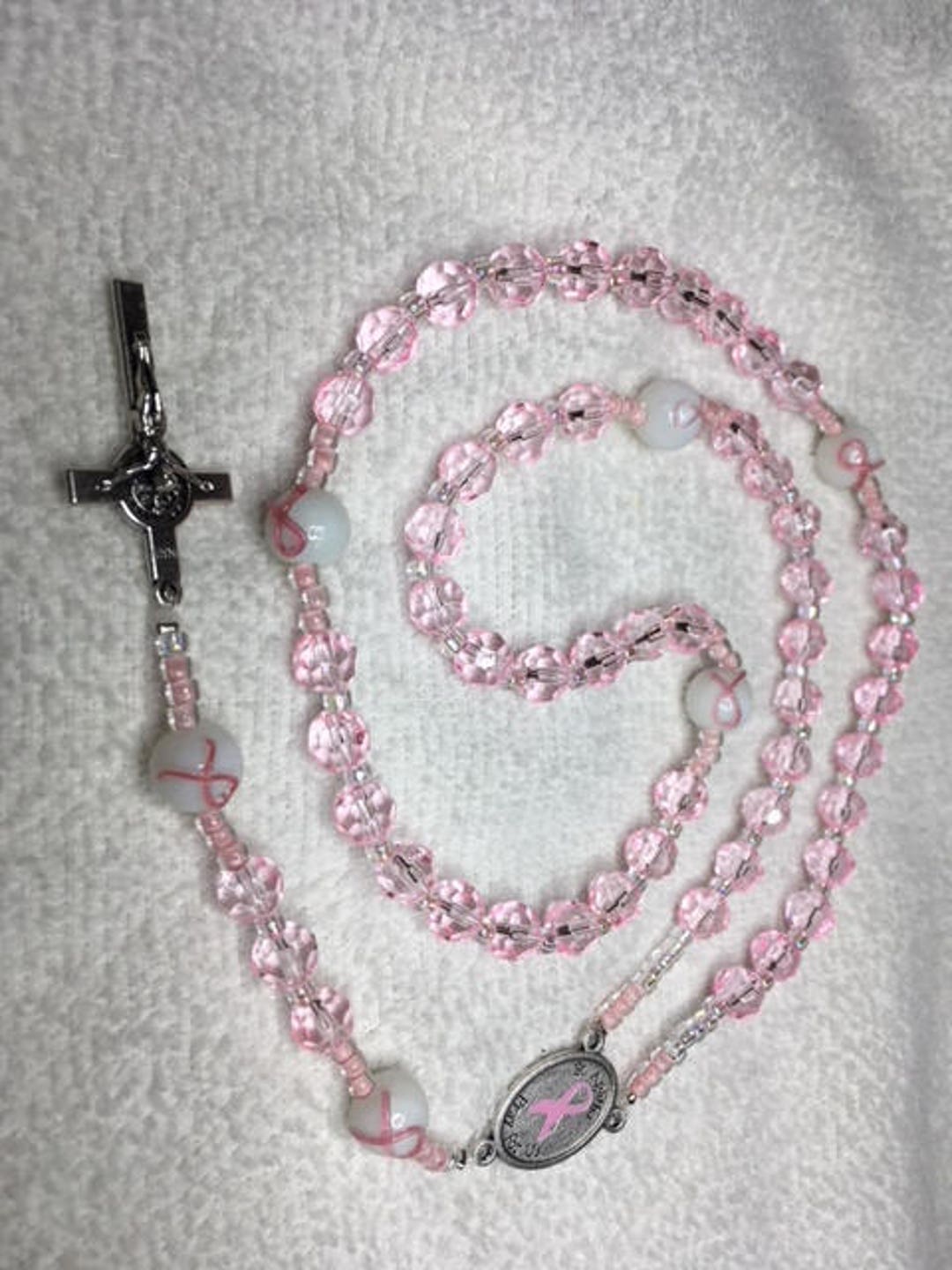 Rosary Breast Cancer Awareness Pink Crystal Beads Hand Blown Pater