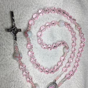 Rosary Breast Cancer Awareness Pink Crystal Beads Hand blown Pater Bead with Pink Ribbon Ribbon Medal Silver Crucifix