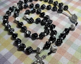 Catholic Rosary Dice Black White Pater Silver Miraculous Medal and Crucifix Large