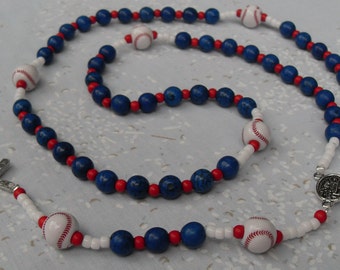 Baseball Rosary Upscale Red White Blue American Baseball Silver Middle Medal and Crucifix Classic