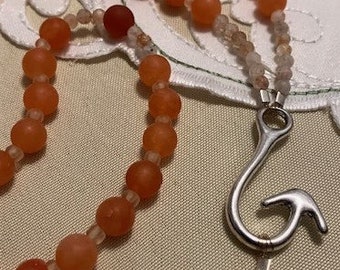 Catholic Rosary Maori Hook Center Orange Sea Glass Beads Frosted Classic Silver Crucifix One of a Kind