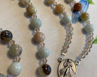 Catholic Rosary Amazonite Brazil Beautiful Natural Pastel Earth Tones Double Sided Medal Italian Silver Crucifix