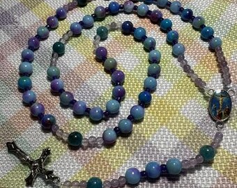 Catholic Rosary Unicorn Jade Beads Aqua Purple Matching Medal Full Color Double Sided Silver Crucifix