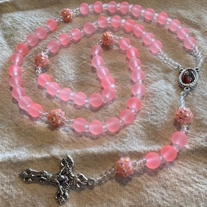 Catholic Rosary Pink Frosted Sea Glass Special Bling Pater Beads Full Color Medal Our Lady of Guadalupe Silver Crucifix