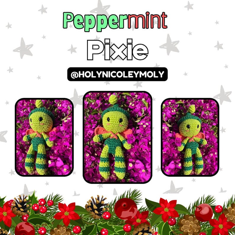 May include: Three crochet dolls in rectangular frames are shown. The dolls are green with green and orange stripes. The image includes the text "Peppermint Pixie" and "@HOLYNICOLEYMOLY". The background is a floral arrangement.