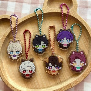 Pu&ograve; includere: Sei portachiavi in acrilico raffiguranti personaggi in stile chibi con orecchie da animale, ognuno attaccato a una catenella a palline in metallo colorato. I personaggi hanno colori di capelli, occhi e papillon distinti.