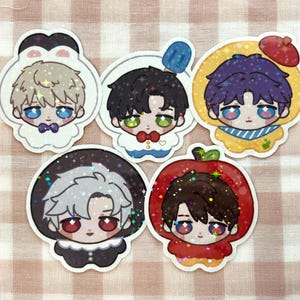 May include: Five colorful stickers featuring cartoon characters with different hairstyles and outfits. Each sticker has a sparkly, glittery finish.
