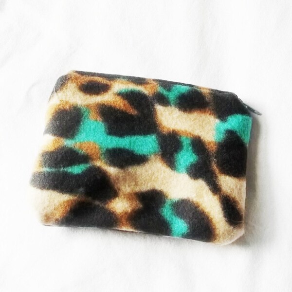 Leopard pouch - Small zippered teal fleece Cosmetic bag - Handmade clutch wallet