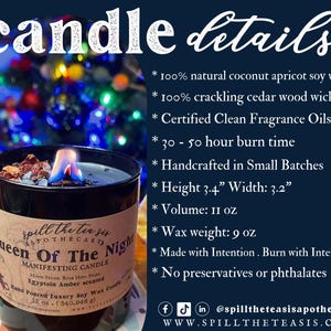 May include: A black soy wax candle with a blue flame, labeled "Queen Of The Night" and "Manifesting Candle". The candle is 3.4 inches tall and 3.2 inches wide, and contains 11 ounces of wax. It is made with 100% natural coconut apricot soy wax, a crackling cedar wood wick, and certified clean fragrance oils. The candle is handcrafted in small batches and has a burn time of 30-50 hours.