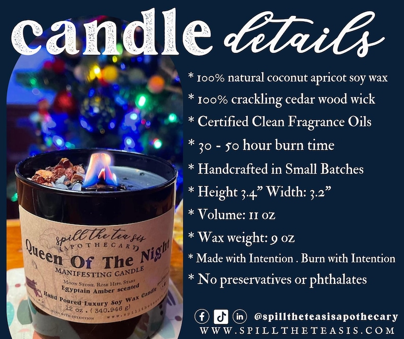 May include: A black soy wax candle with a blue flame, labeled "Queen Of The Night" and "Manifesting Candle". The candle is 3.4 inches tall and 3.2 inches wide, and contains 11 ounces of wax. It is made with 100% natural coconut apricot soy wax, a crackling cedar wood wick, and certified clean fragrance oils. The candle is handcrafted in small batches and has a burn time of 30-50 hours.