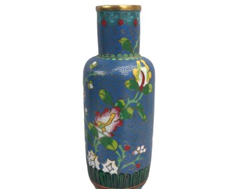 Gorgeous Old Asian Brass Enameled Blue Cloisonne Vase